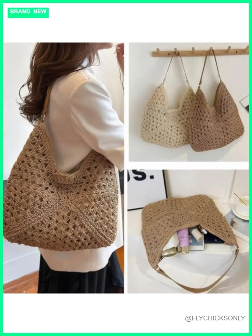 Straw Woven Hobo Bag - Large Slouchy Tote with Magnetic Snap Closure
